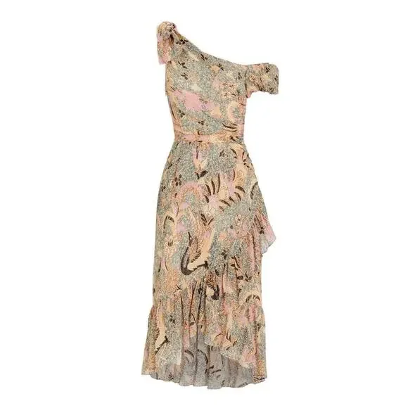 Ulla Johnson Uma Midi Dress Ivory Birds Of Paradise Ruffle Asymmetrical 0 2 Silk